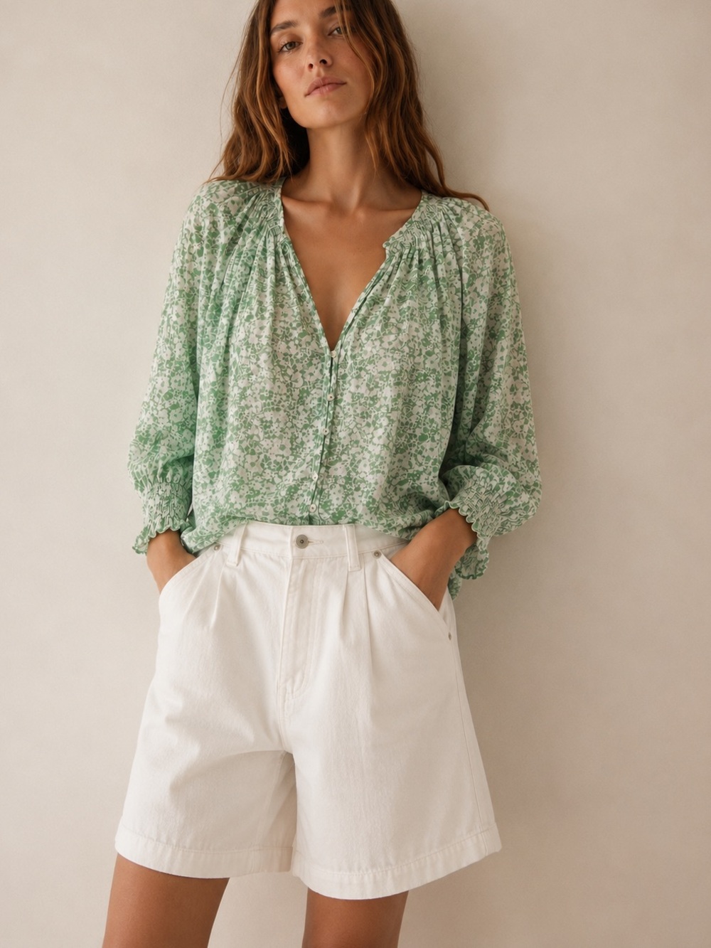 Rails green and white floral linen blend Mariah blouse S